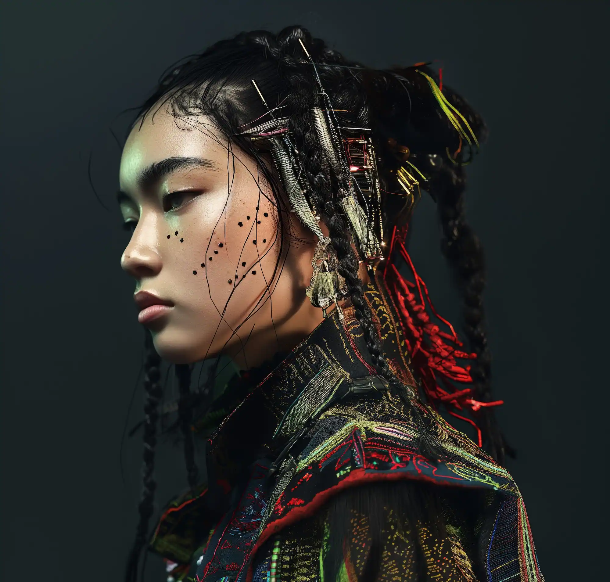 a woman with long braids and tattoos on her head